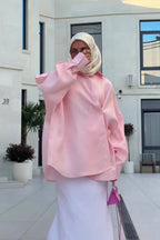 Sahar Oversized Shirt Maxi Skirt Two Piece Set-Pink