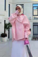 Sahar Oversized Shirt Maxi Skirt Two Piece Set-Pink