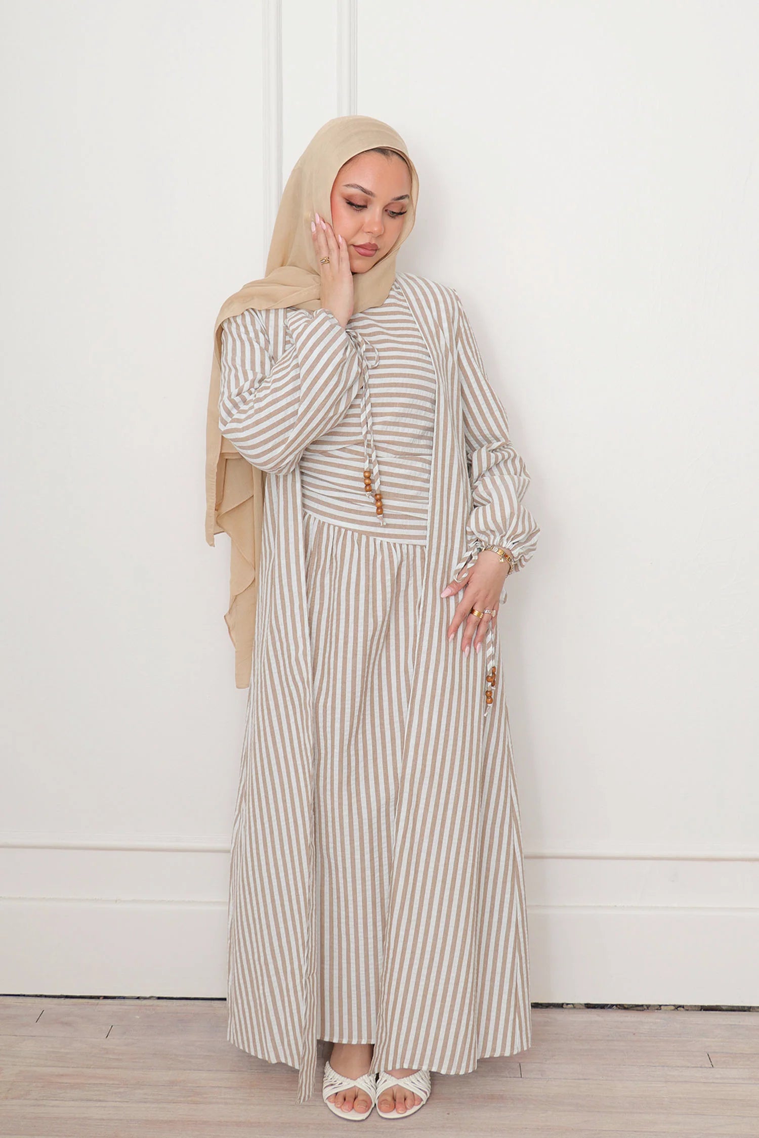 Faiza Striped Asymmetric Ruched Maxi Set-Brown