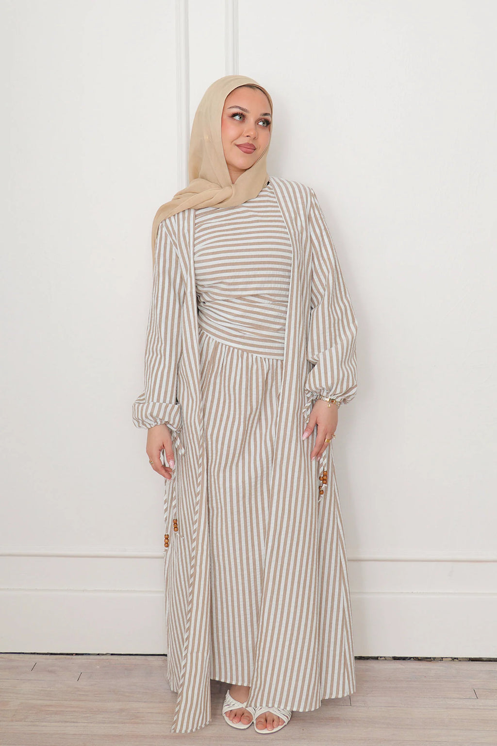 Faiza Striped Asymmetric Ruched Maxi Set-Brown