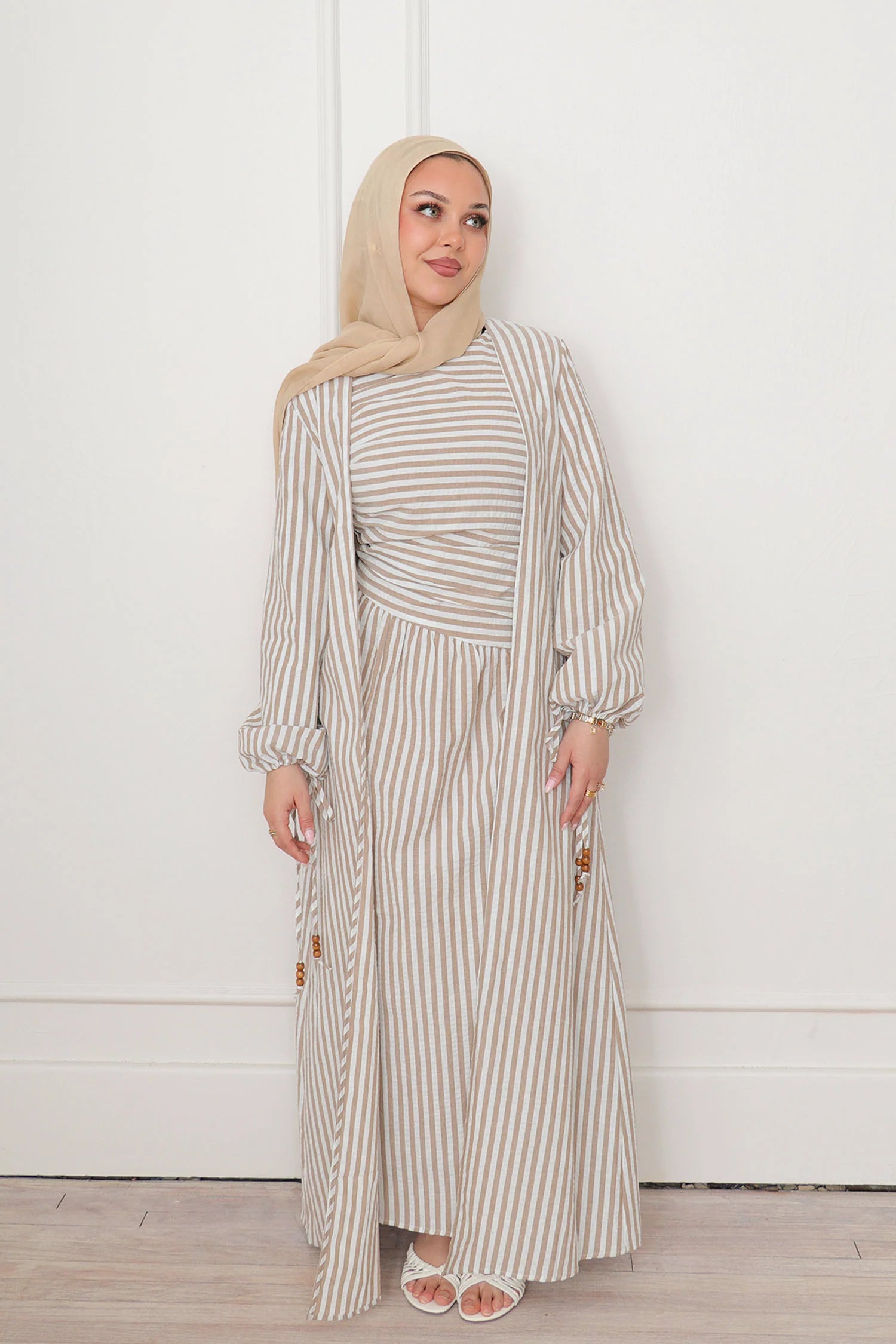 Faiza Striped Asymmetric Ruched Maxi Set-Brown