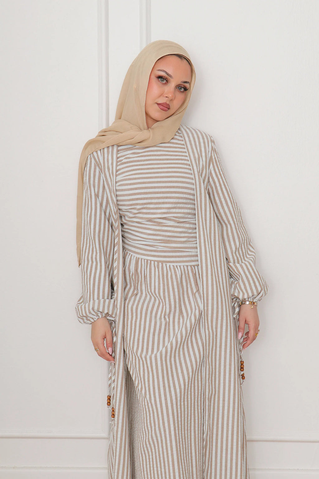 Faiza Striped Asymmetric Ruched Maxi Set-Brown