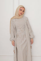 Faiza Striped Asymmetric Ruched Maxi Set-Brown