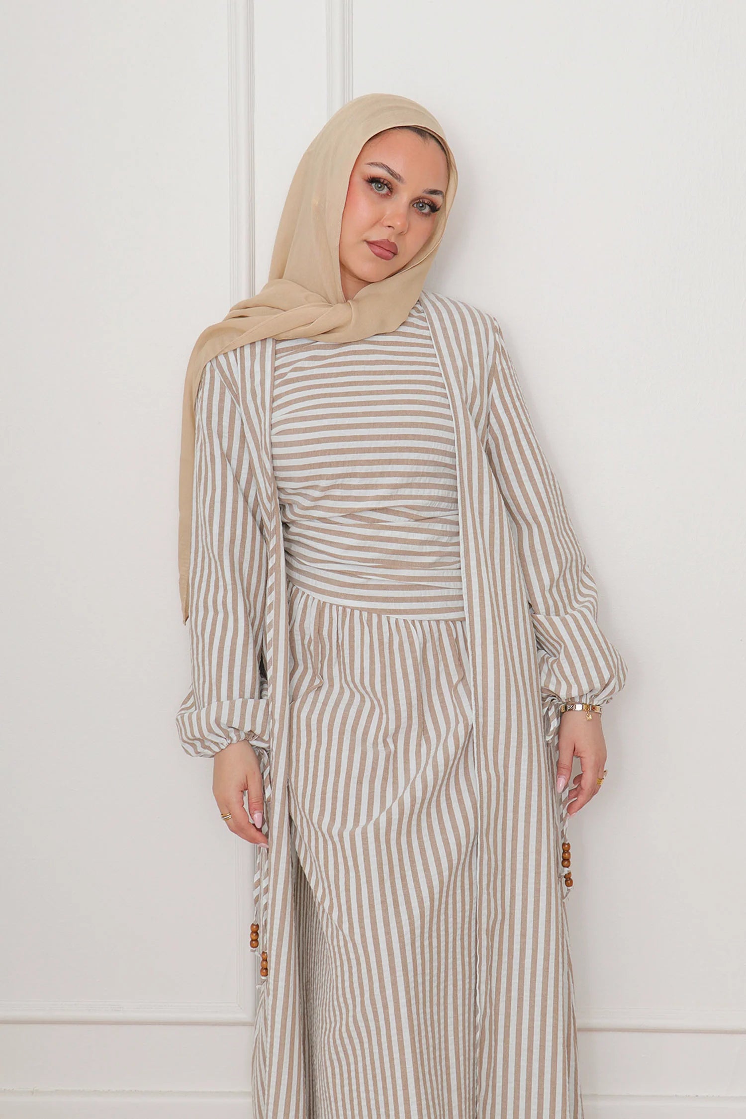 Faiza Striped Asymmetric Ruched Maxi Set-Brown