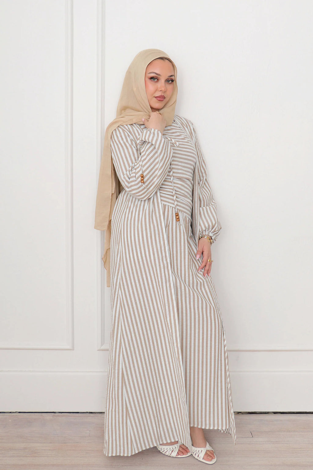 Faiza Striped Asymmetric Ruched Maxi Set-Brown