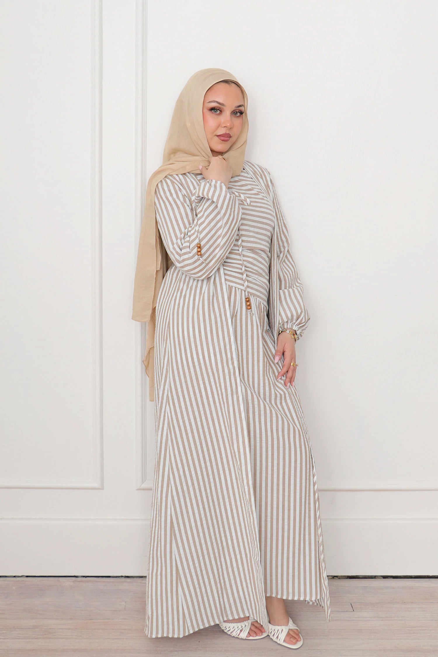 Faiza Striped Asymmetric Ruched Maxi Set-Brown