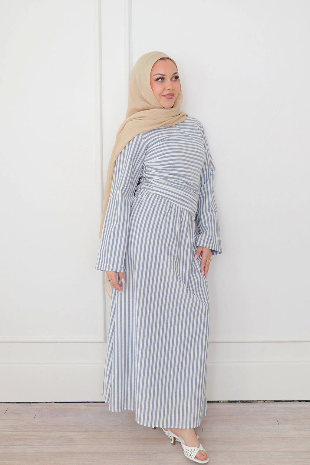 Faiza Striped Asymmetric Ruched Maxi Set-Blue