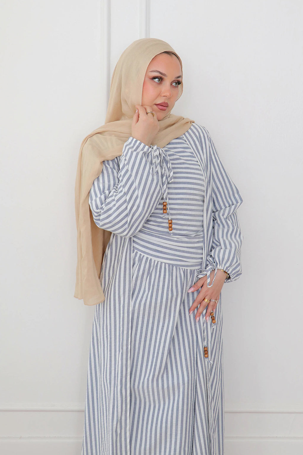 Faiza Striped Asymmetric Ruched Maxi Set-Blue