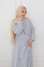 Faiza Striped Asymmetric Ruched Maxi Set-Blue
