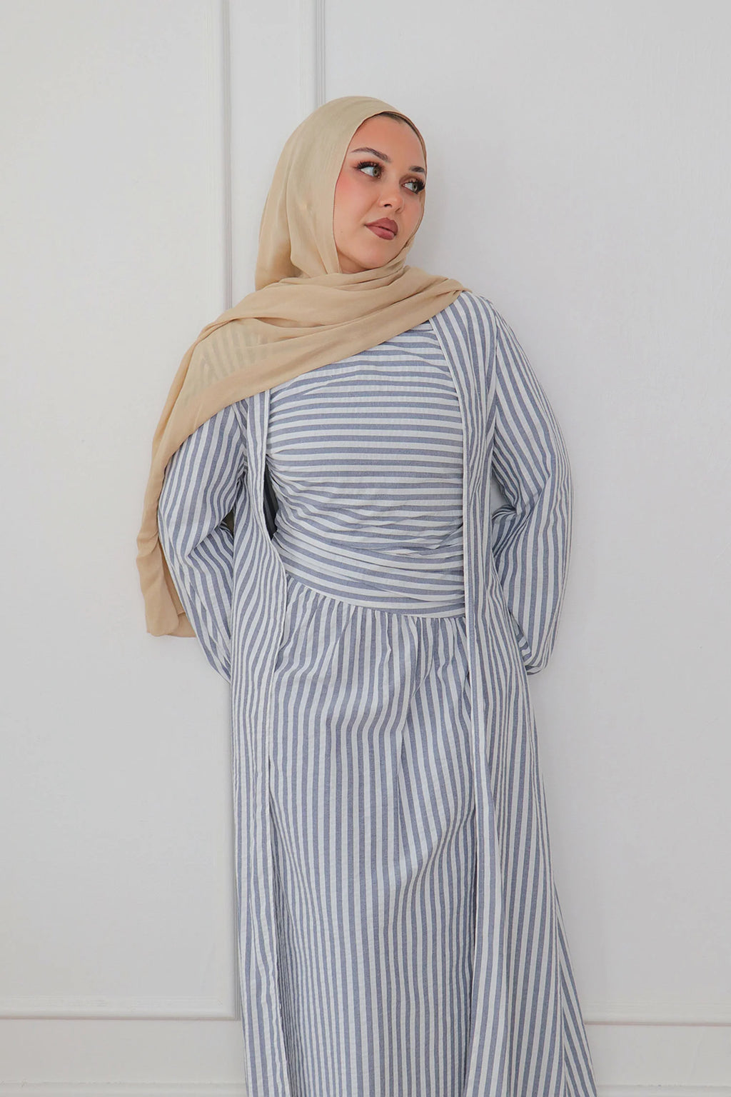 Faiza Striped Asymmetric Ruched Maxi Set-Blue