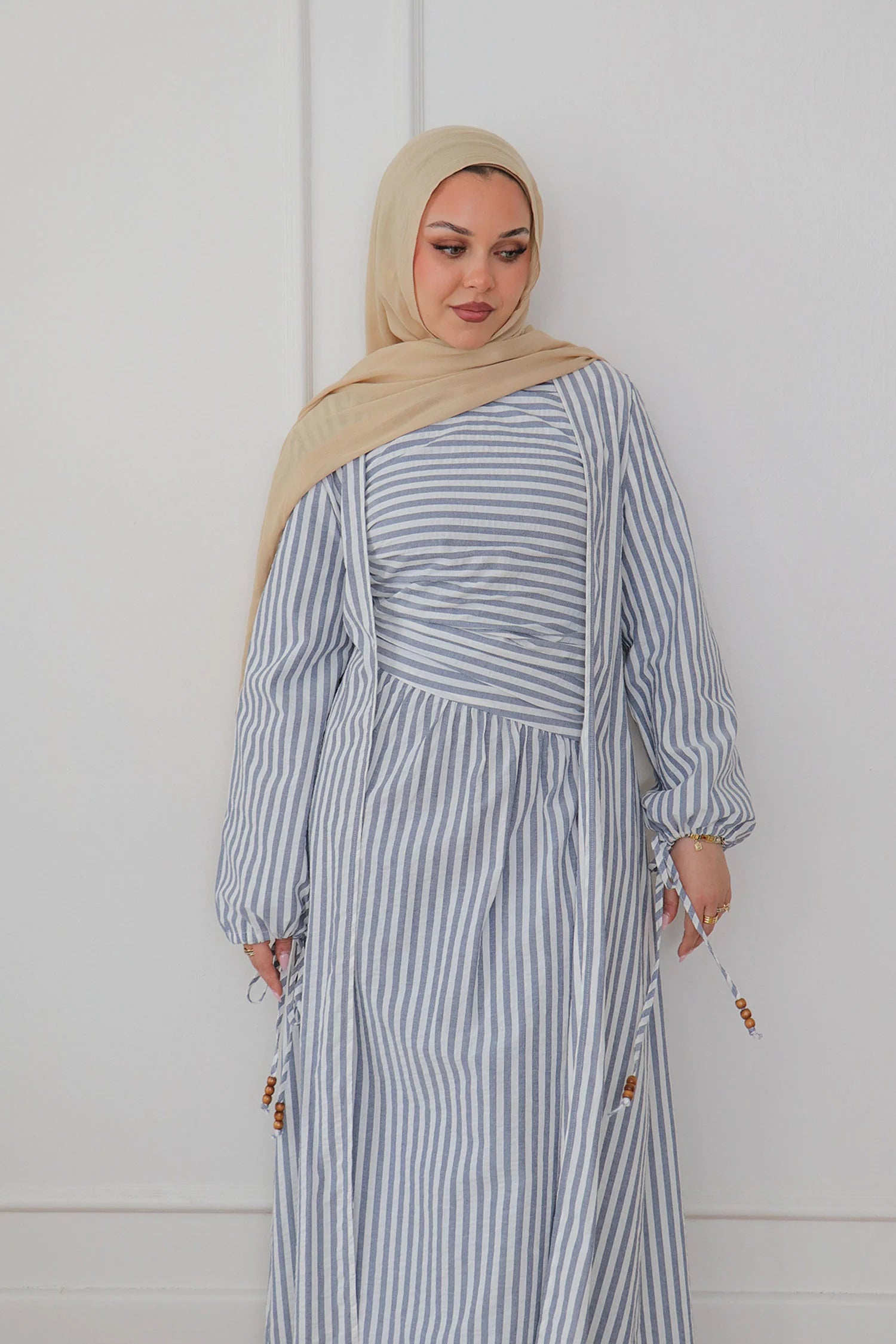 Faiza Striped Asymmetric Ruched Maxi Set-Blue