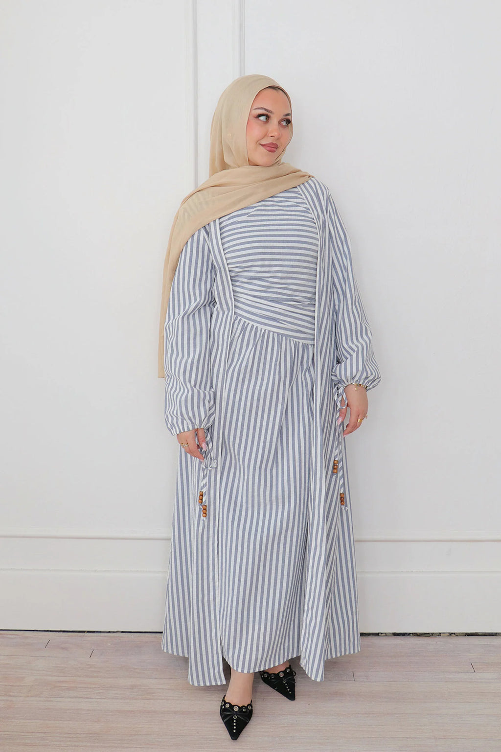 Faiza Striped Asymmetric Ruched Maxi Set-Blue