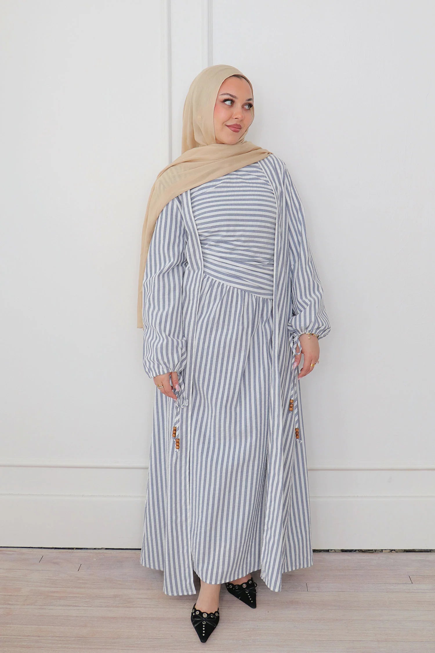 Faiza Striped Asymmetric Ruched Maxi Set-Blue