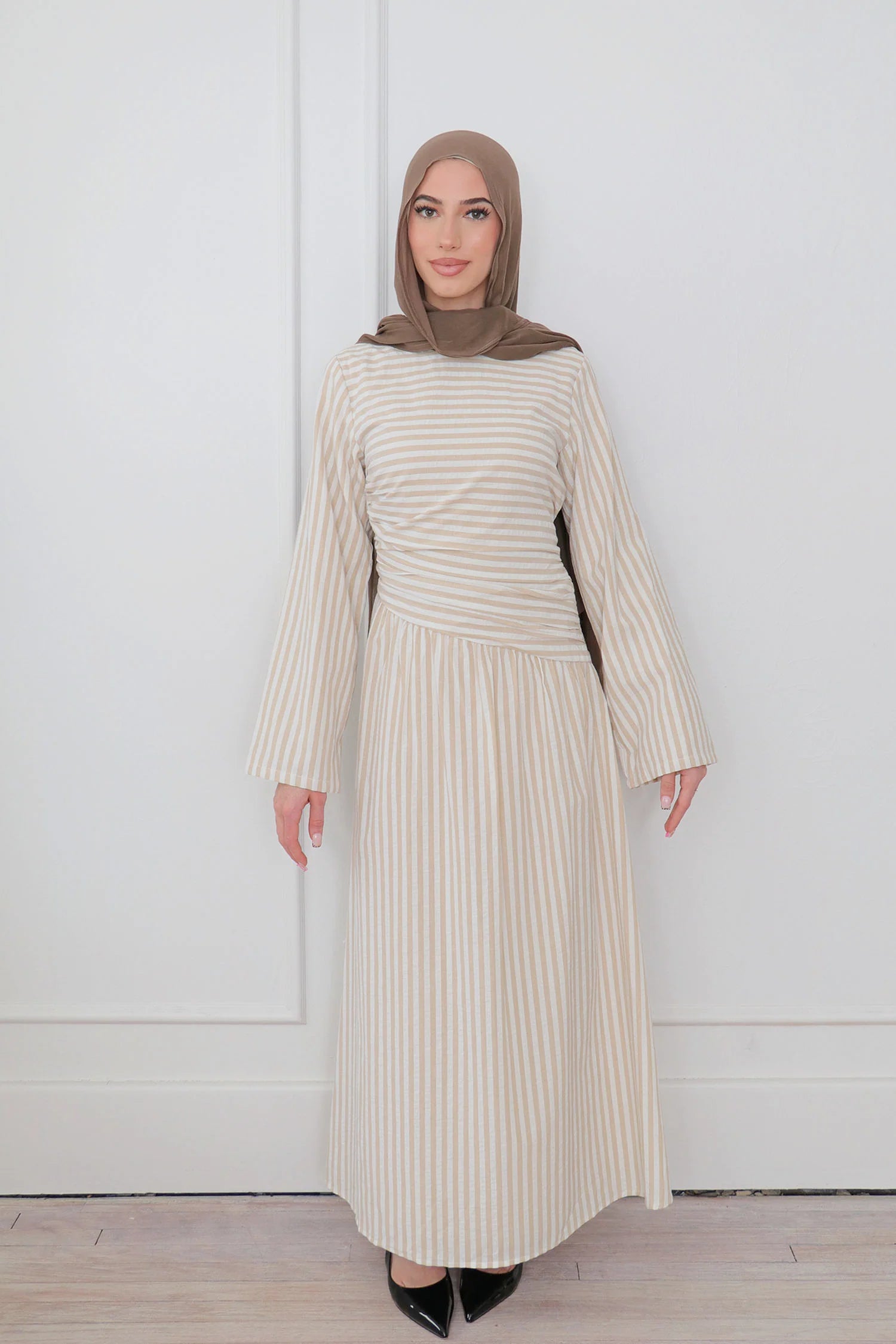Faiza Striped Asymmetric Ruched Maxi Set-White