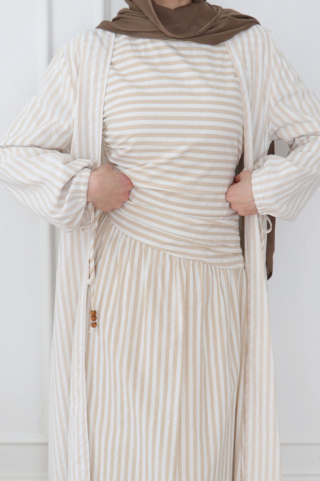 Faiza Striped Asymmetric Ruched Maxi Set-White