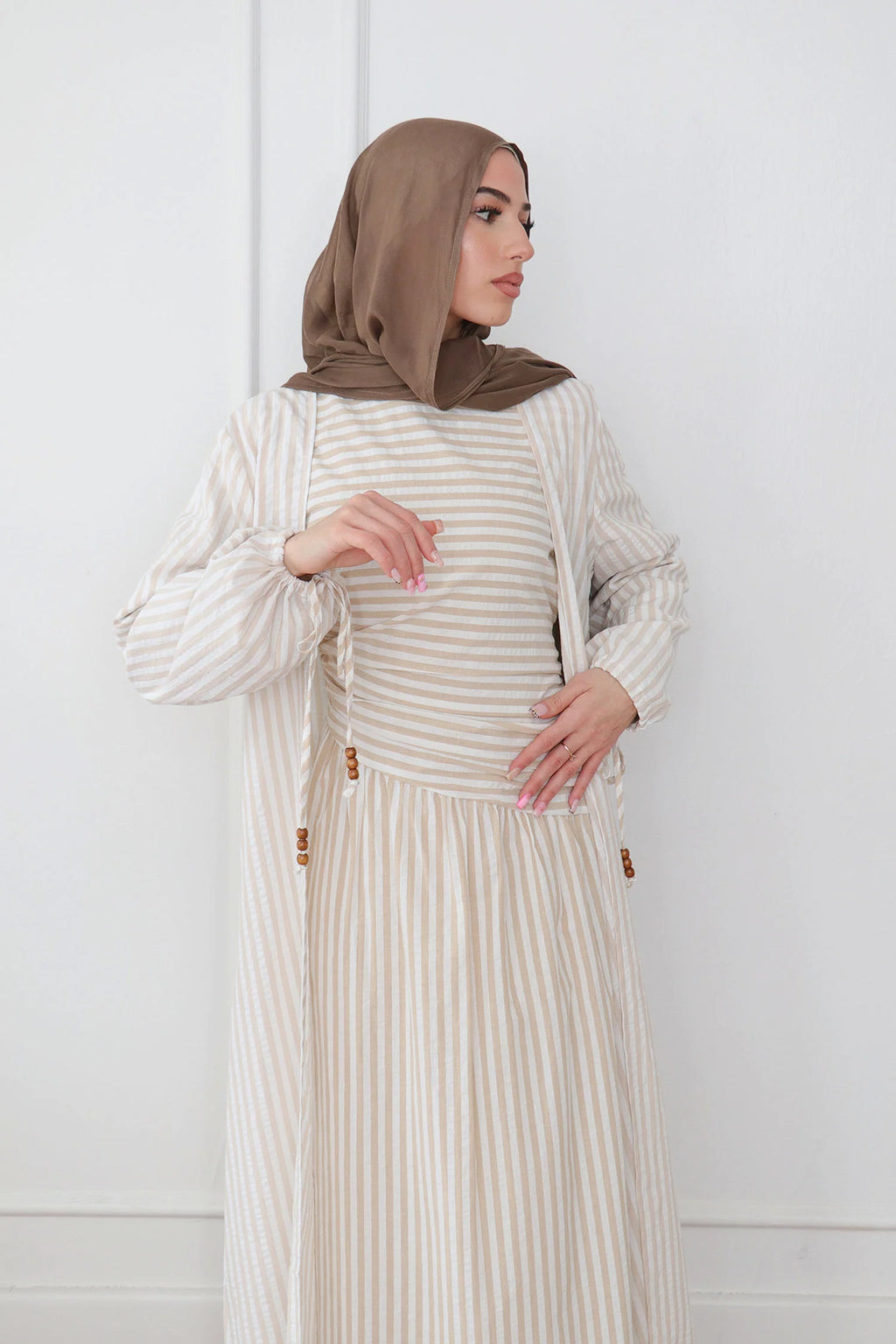 Faiza Striped Asymmetric Ruched Maxi Set-White