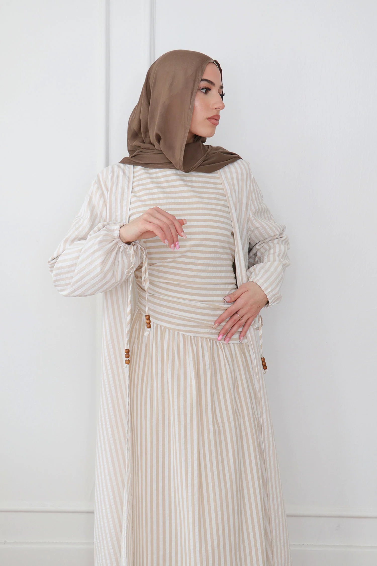 Faiza Striped Asymmetric Ruched Maxi Set-White