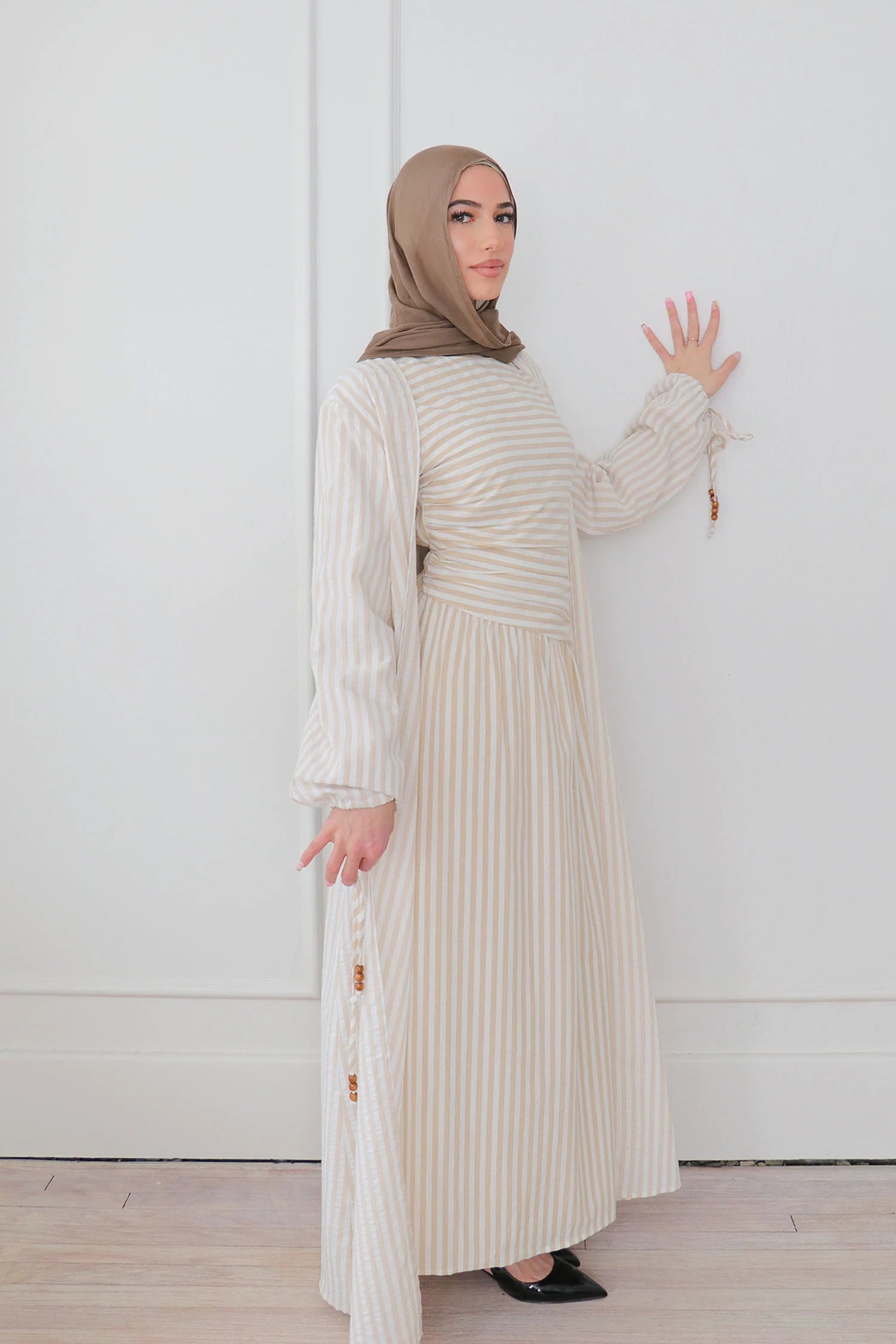 Faiza Striped Asymmetric Ruched Maxi Set-White