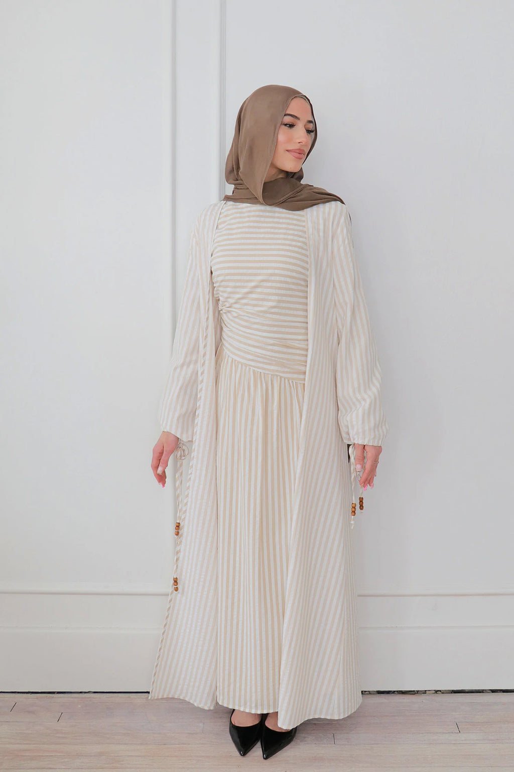 Faiza Striped Asymmetric Ruched Maxi Set-White