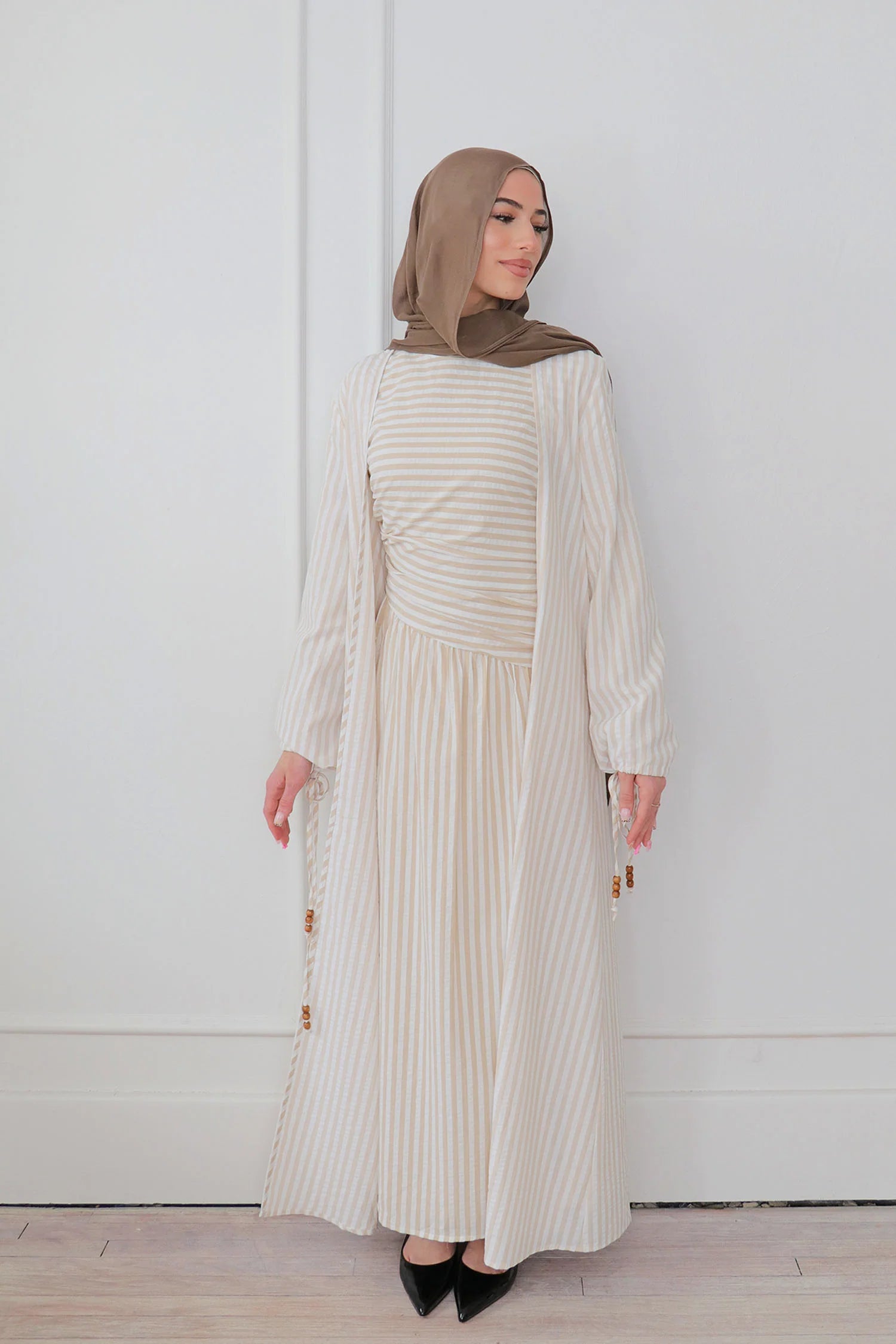 Faiza Striped Asymmetric Ruched Maxi Set-White