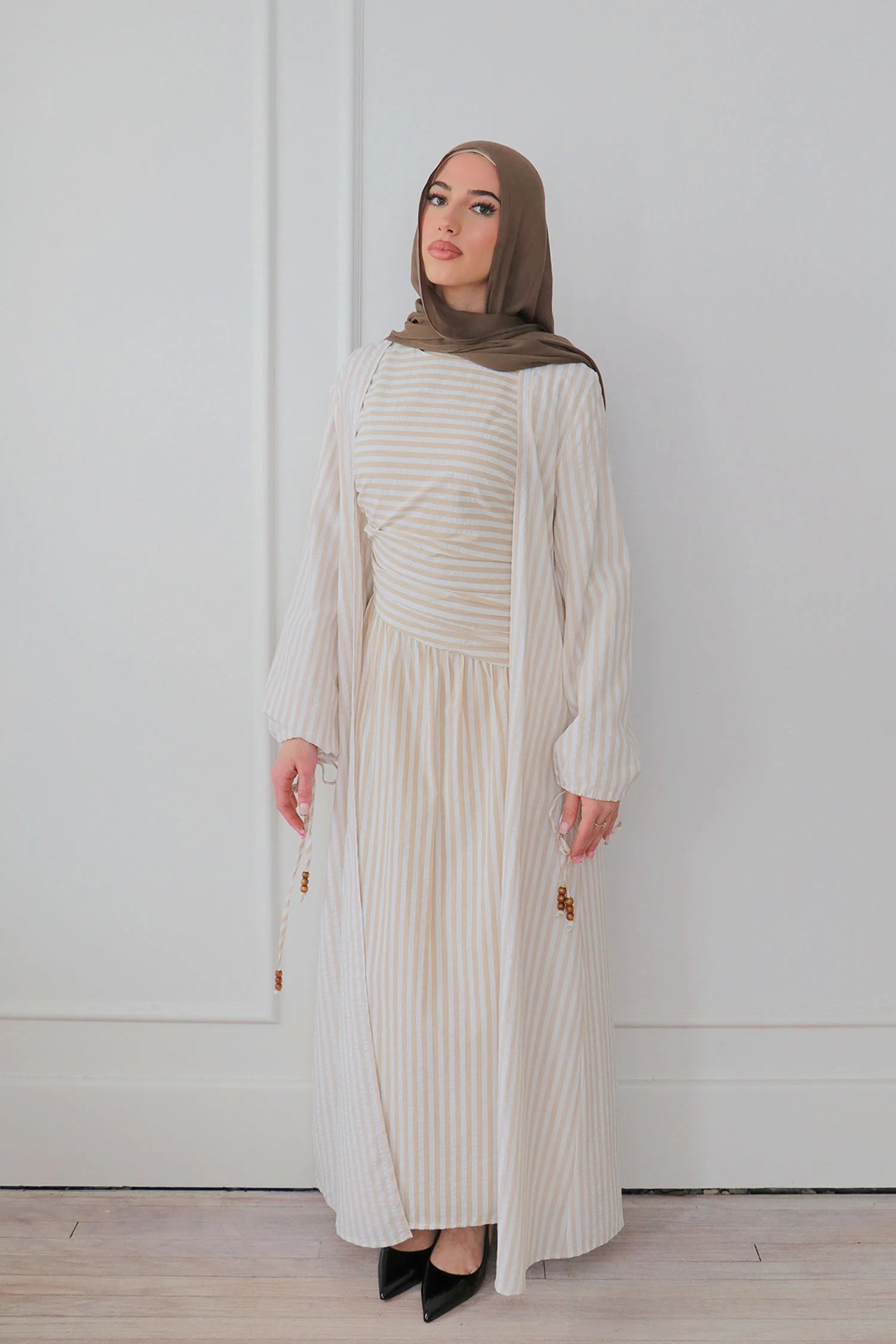 Faiza Striped Asymmetric Ruched Maxi Set-White
