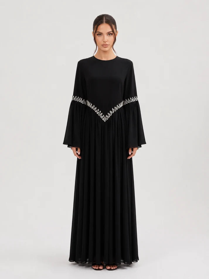Noora Rhinestone Flare‑Sleeve Abaya-Black