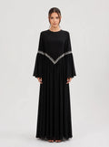 Noora Rhinestone Flare‑Sleeve Abaya-Black