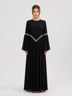 Noora Rhinestone Flare‑Sleeve Abaya-Black