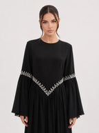 Noora Rhinestone Flare‑Sleeve Abaya-Black