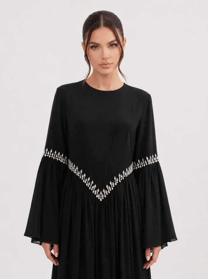 Noora Rhinestone Flare‑Sleeve Abaya-Black
