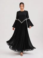Noora Rhinestone Flare‑Sleeve Abaya-Black
