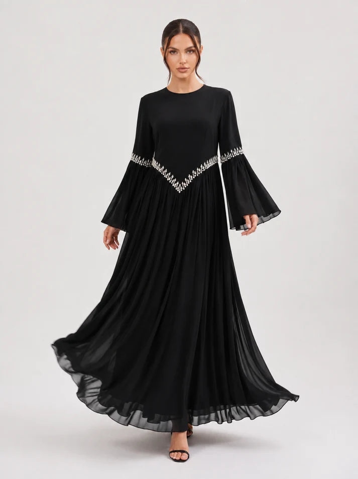 Noora Rhinestone Flare‑Sleeve Abaya-Black