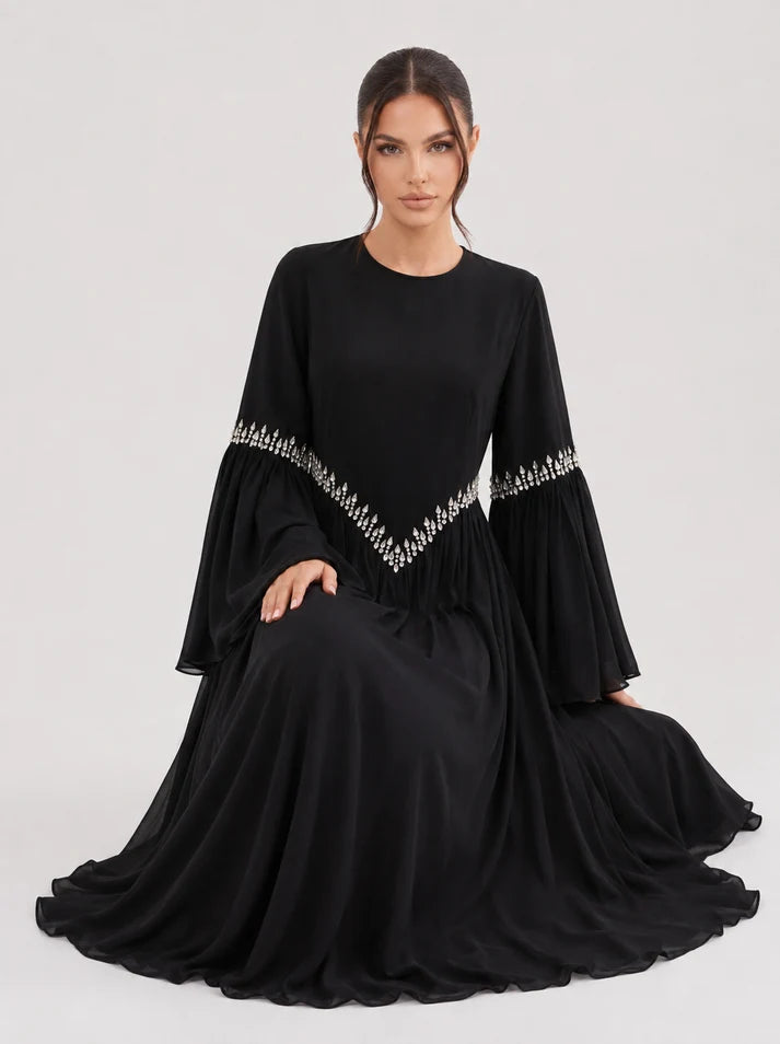 Noora Rhinestone Flare‑Sleeve Abaya-Black