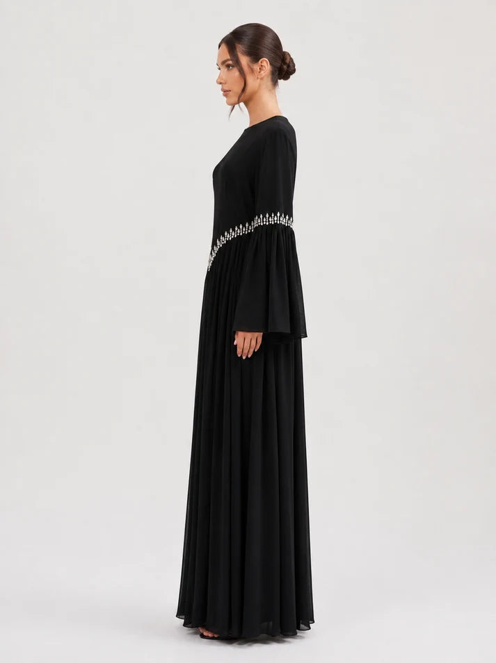 Noora Rhinestone Flare‑Sleeve Abaya-Black
