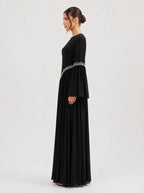 Noora Rhinestone Flare‑Sleeve Abaya-Black