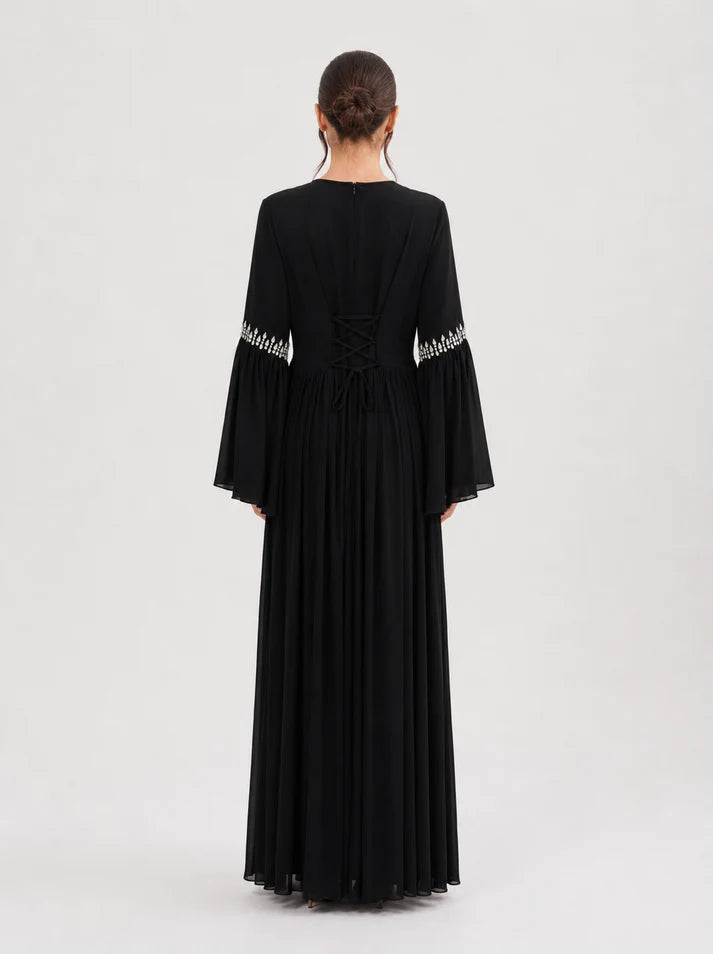 Noora Rhinestone Flare‑Sleeve Abaya-Black