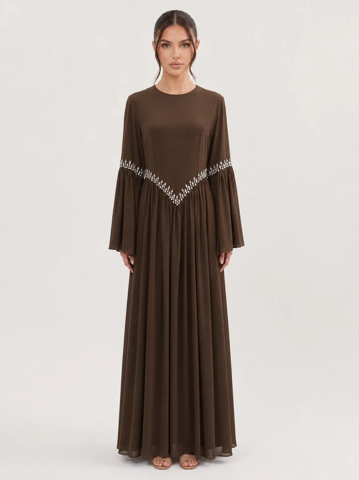 Noora Rhinestone Flare‑Sleeve Abaya-Brown