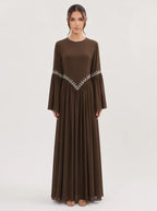 Noora Rhinestone Flare‑Sleeve Abaya-Brown