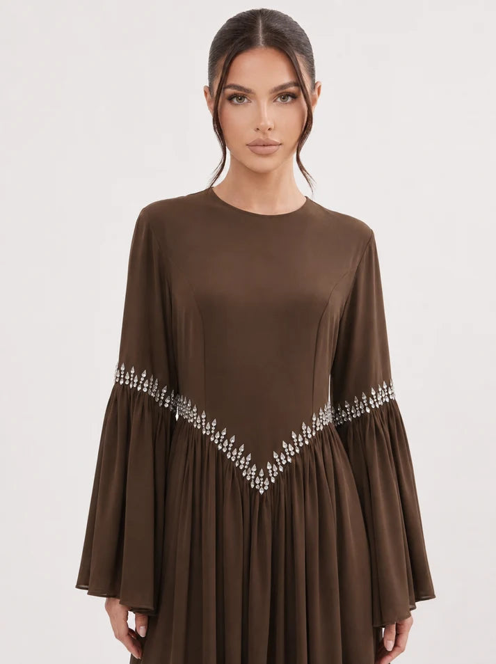 Noora Rhinestone Flare‑Sleeve Abaya-Brown