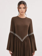 Noora Rhinestone Flare‑Sleeve Abaya-Brown