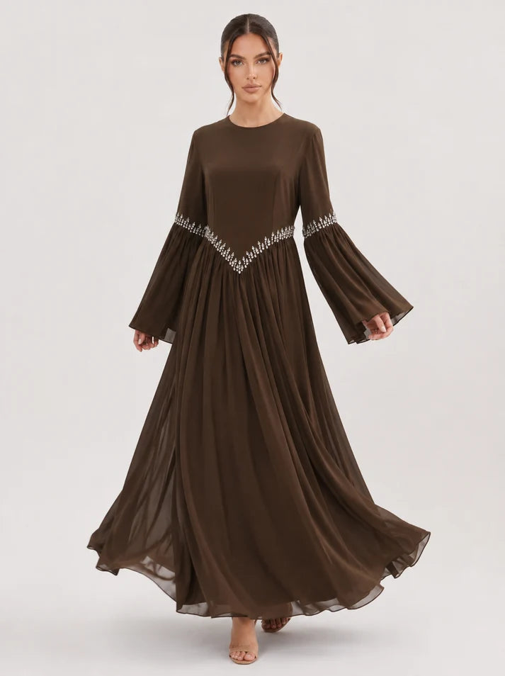 Noora Rhinestone Flare‑Sleeve Abaya-Brown