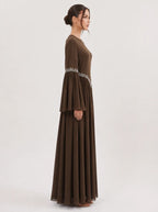 Noora Rhinestone Flare‑Sleeve Abaya-Brown
