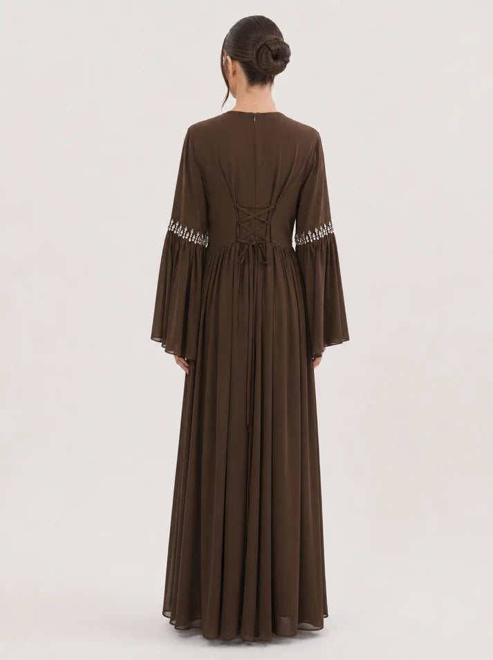 Noora Rhinestone Flare‑Sleeve Abaya-Brown