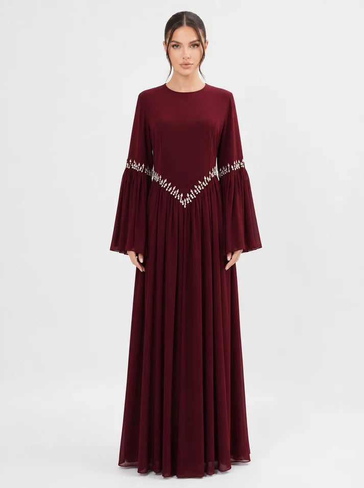 Noora Rhinestone Flare‑Sleeve Abaya-Wine