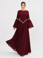 Noora Rhinestone Flare‑Sleeve Abaya-Wine