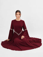 Noora Rhinestone Flare‑Sleeve Abaya-Wine