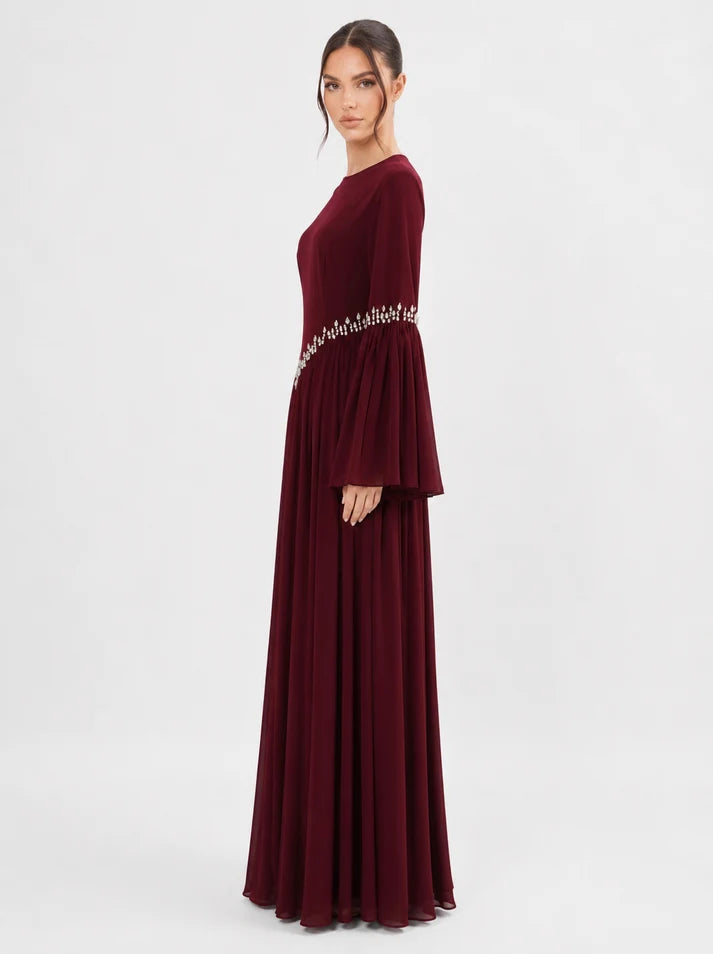 Noora Rhinestone Flare‑Sleeve Abaya-Wine