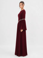 Noora Rhinestone Flare‑Sleeve Abaya-Wine