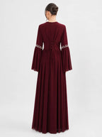 Noora Rhinestone Flare‑Sleeve Abaya-Wine