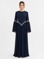 Noora Rhinestone Flare‑Sleeve Abaya-Blue